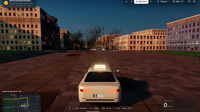 Berlin Driving Simulator: a taxi at the Brandenburg Gate at blue hour