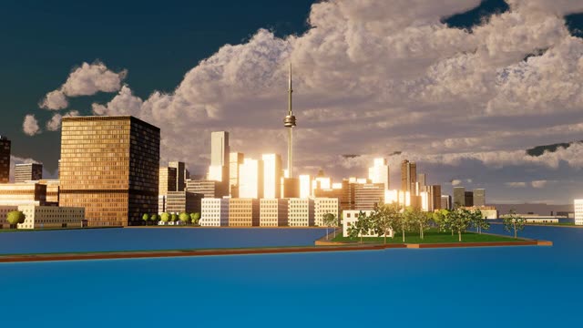 Toronto skyline and CN Tower at golden hour from the lake